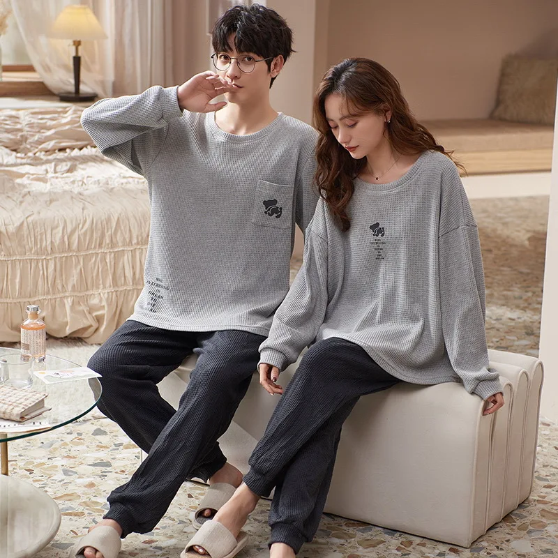 Couple Pajamas Summer Cotton Cartoon Cute Long-Sleeved Casual Men\'s Simple Large Size Home Wear Suit