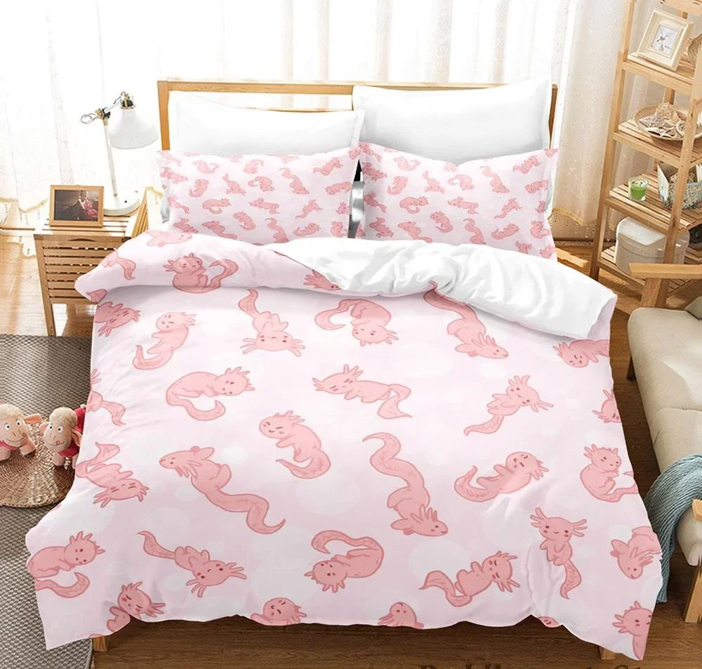 3PCS Single-sided Printed Duvet Kawaii Animal A-Axolotl Printed Bedding Set Duvet Comfortable Breathable Sheet Single King Queen