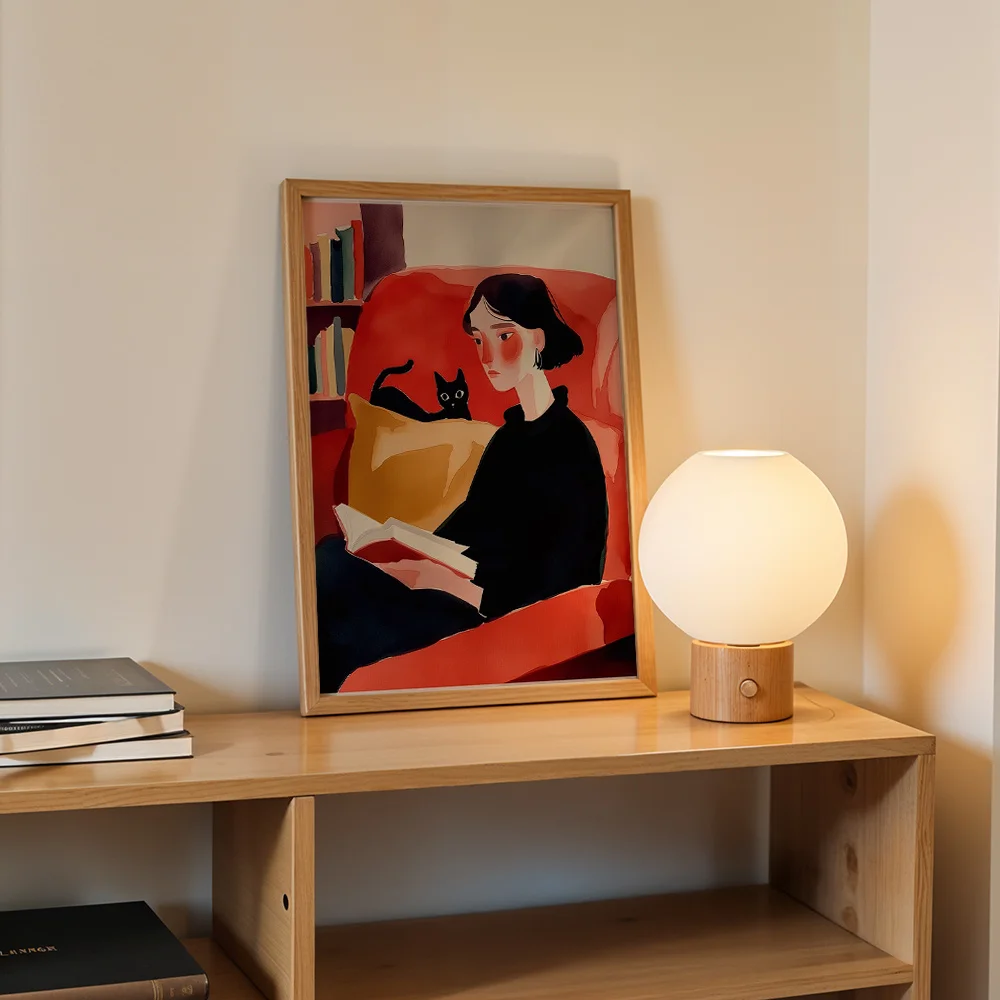 Woman Reading On Sofa With Black Cat Canvas Poster Wall Art,2D Print Wall Decor,Aesthetic Home Gift