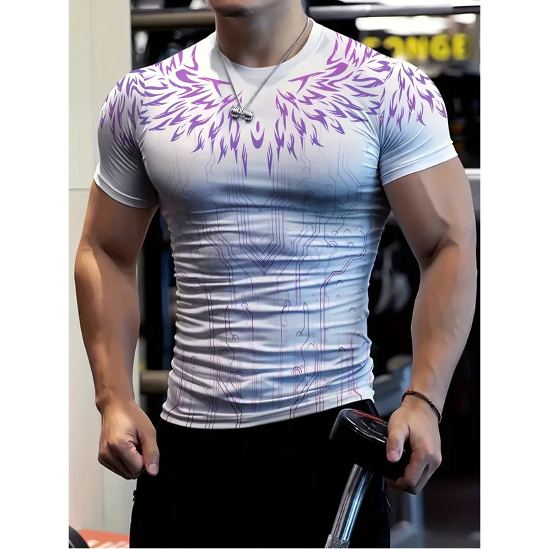 Men's Geometric Pattern Sports T Shirt High Elasticity Slim Fit Short Sleeve Round Neck Summer Fitness Training Gym Wear Quick