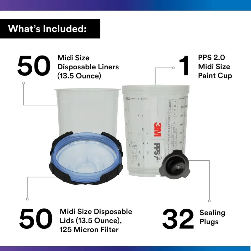 PPS 2.0 Spray Gun Cup, Lids and Liners Kit, 26312, Midi, 13.5 Ounces, 125-Micron Filter, Use for Cars, Furniture, House and