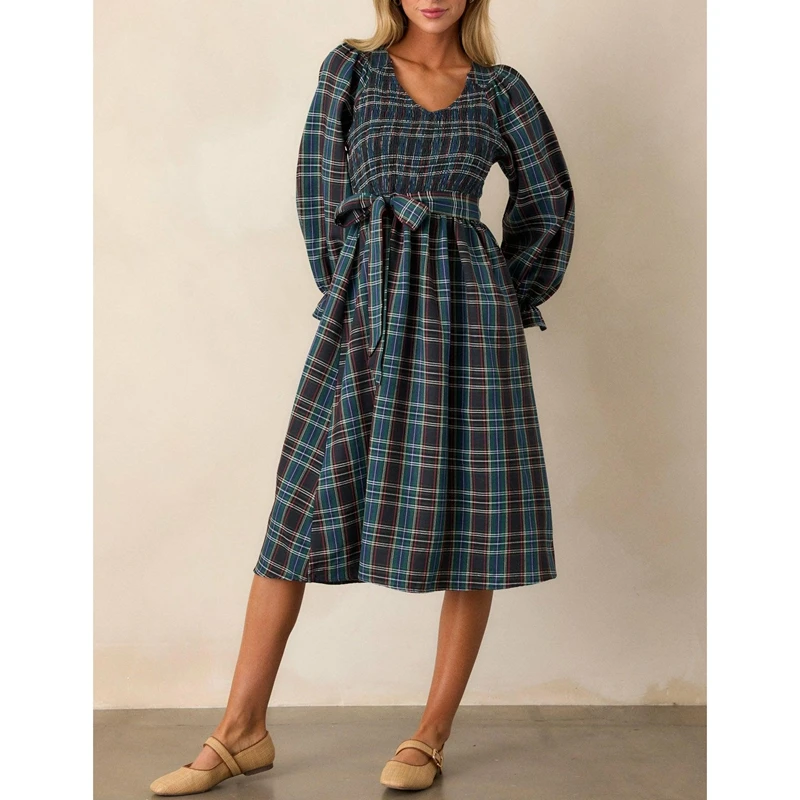 Sukienka midi w stylu vintage z nadrukiem w kratę, z falbankami, dekoltem w serek, długimi rękawami typu latarnia, wiązana na kokardę, z paskiem, o kroju A-line, dla kobiet, na Boże Narodzenie, z marszczeniami.