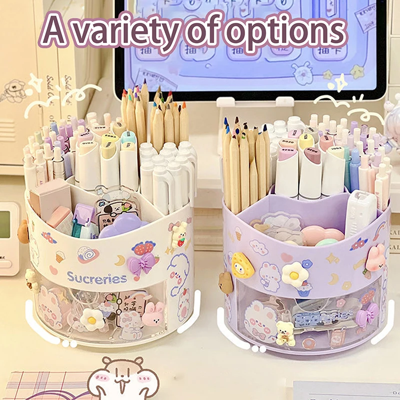 

Cute Rotating Pen Holder Desktop Drawer Stationery Box Case School Office Desk Kawaii Stationery Storage Box Organizer Stickers