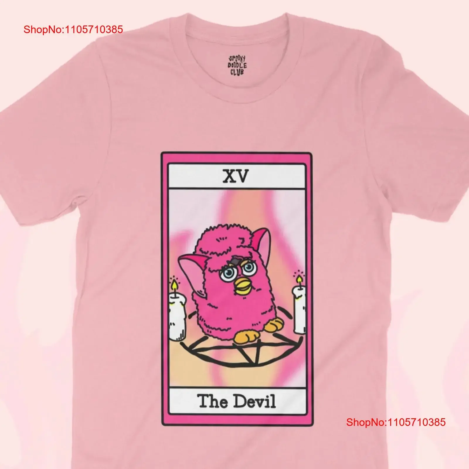 DEVIL FURBY TEE Cursed Tarot Card T Shirt Pink Halloween Toycore Unique Funny Creepy Cute Horror Toy vintage Washed Breathable