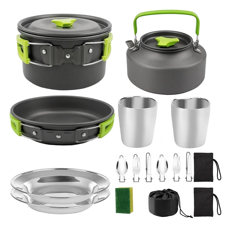 

1Set Pot Pan Cup Teaport Set Hiking Picnic Tableware Equipment Camping Cookware Green