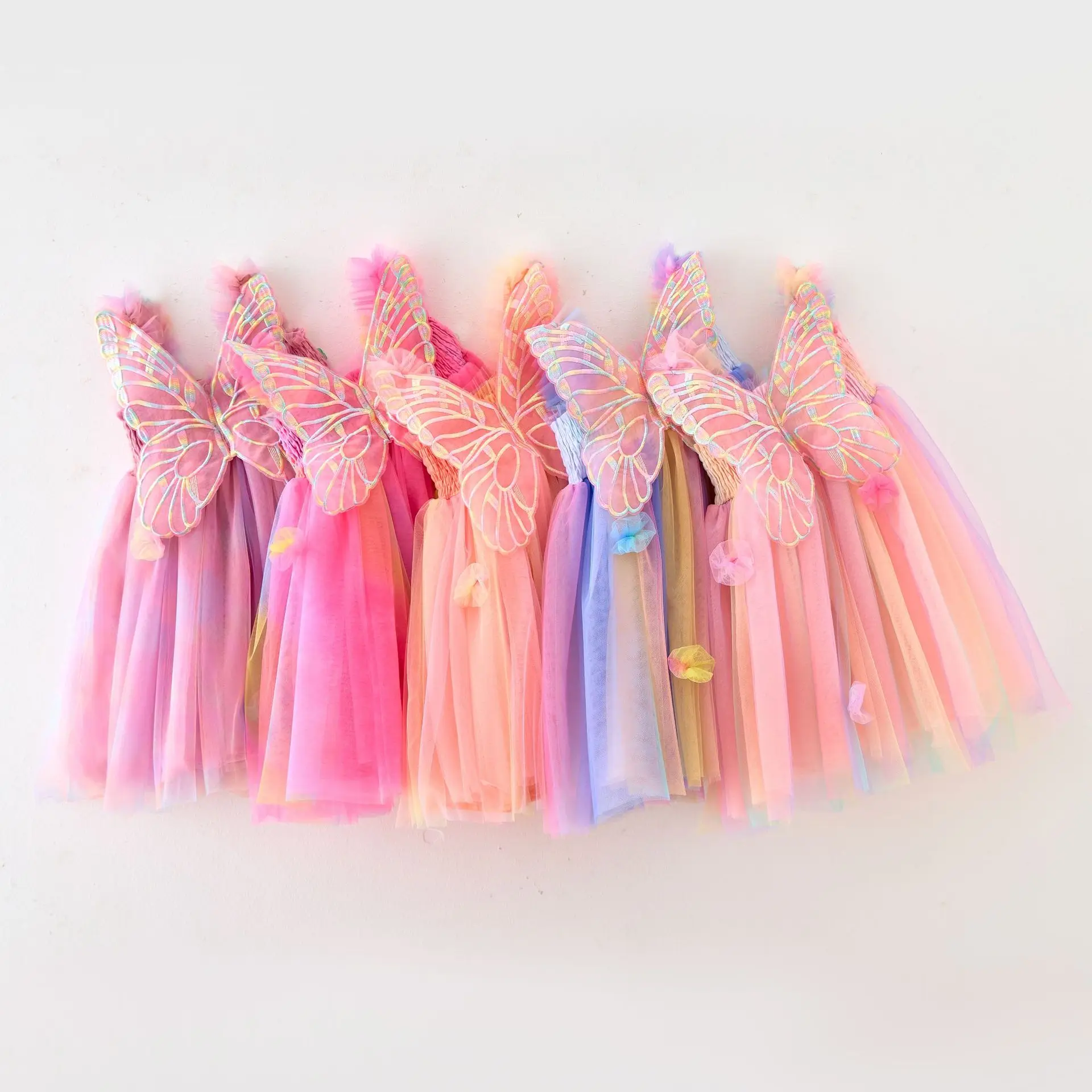 Summer Children Dress Girl Rainbow Butterfly Mesh Princess Dress Halter Wings Fluffy Dress Baby Fashion Holiday One-Piece Dress