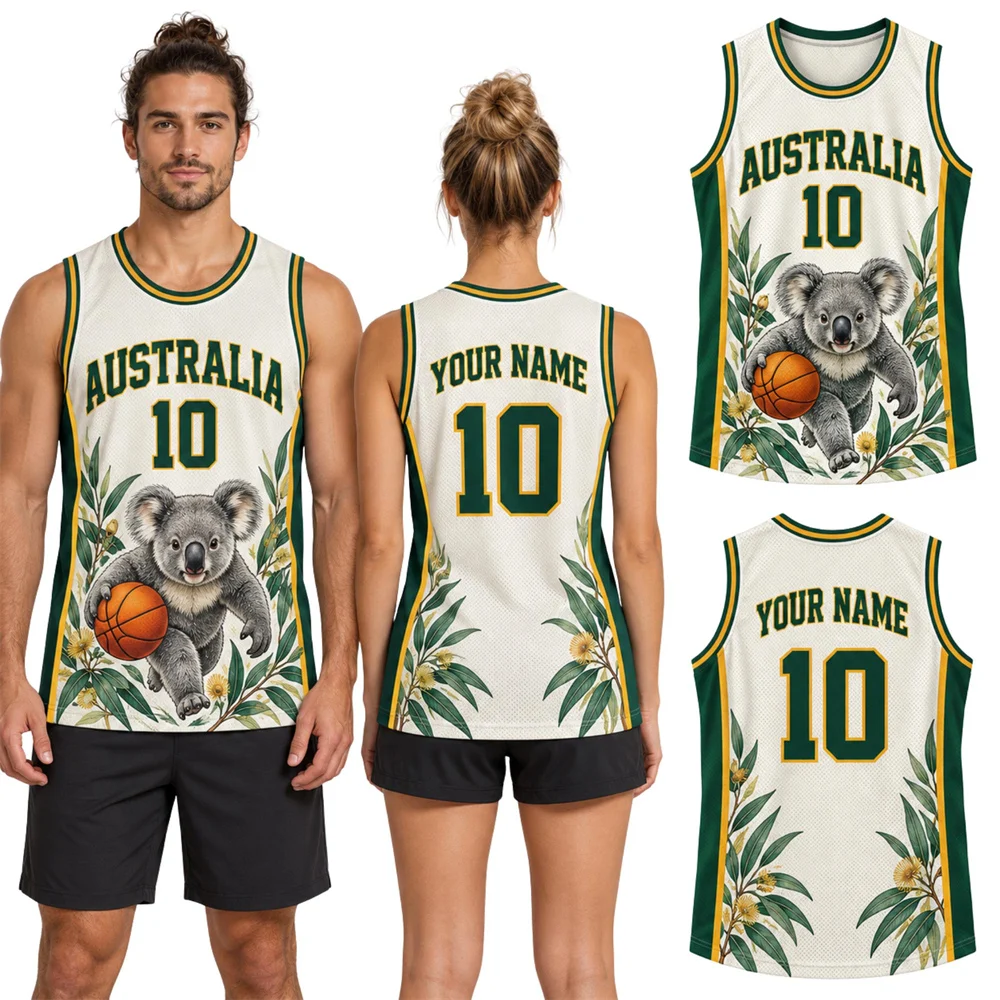 Mens Australia Basketball Tank Top Customized Name Number 3D Print Kangaroo Ocean Waves and Wattle Floral Sports Jersey