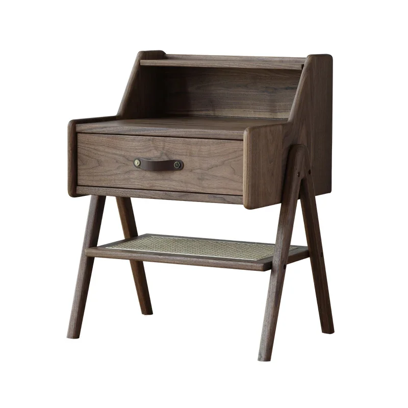 Bedroom Bedside Table Black Walnut Double-Layer Sofa Side Cabinet Side Table Multifunctional Locker