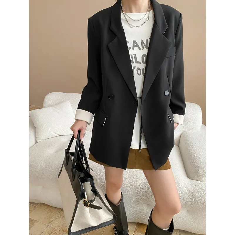 

Contrast Cuff Stitching Commuter Leisure Suit Coat Women Fashion Simple Basic Loose Office Lady French Long Sleeve Coat