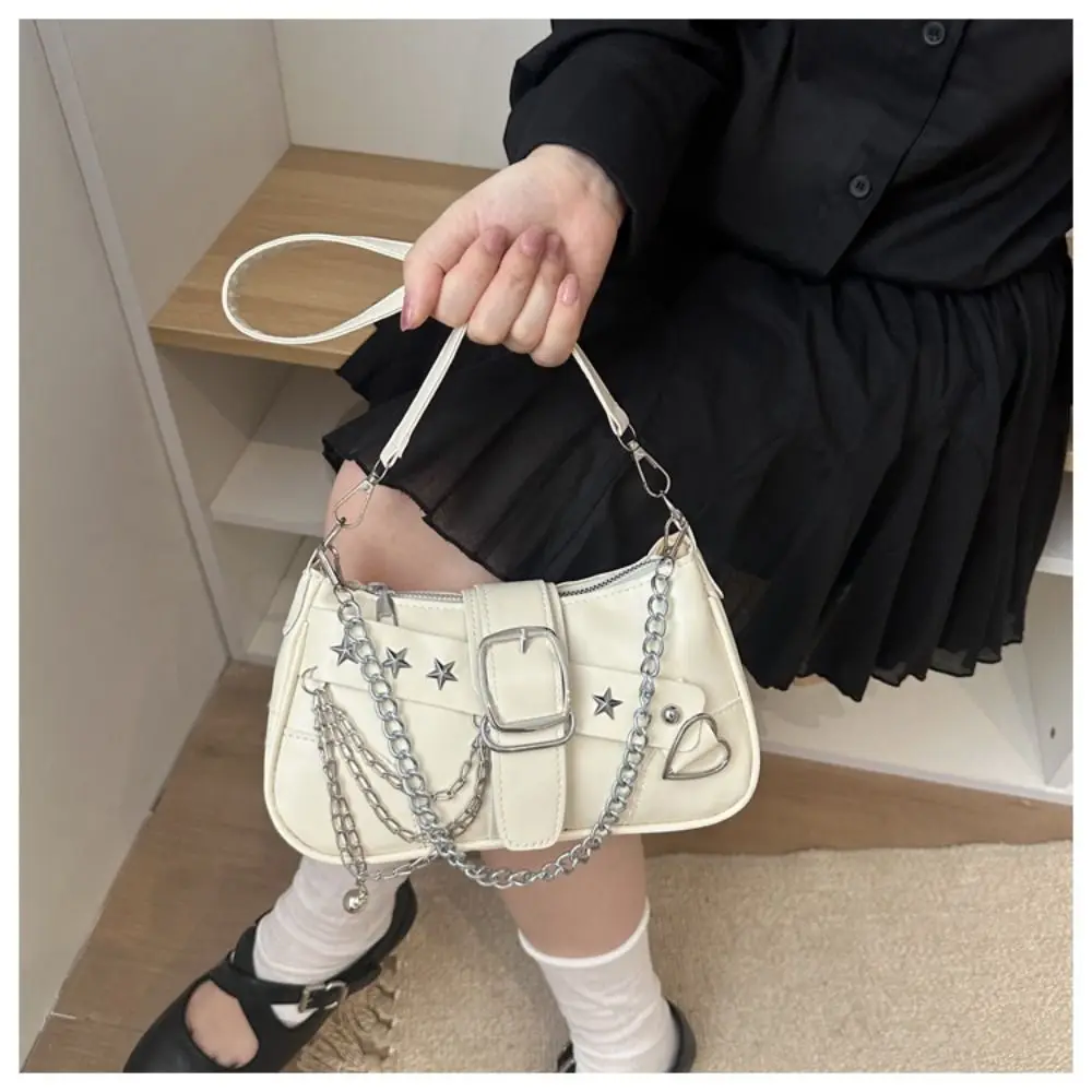 Simple Y2K Star Rivet Shoulder Bag Pu Leather Chain Retro Motorcycle Bag Korean Handbag Locomotive Pack Streetwear
