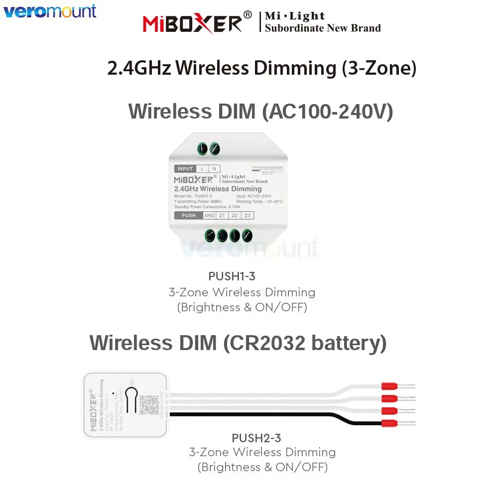 3-Zone PUSH1-3 AC110V 220V PUSH2-3 Battery Powered Wireless Dimming Remote for MiBoxer 2.4G CCT Brightness LED Controller Lamp