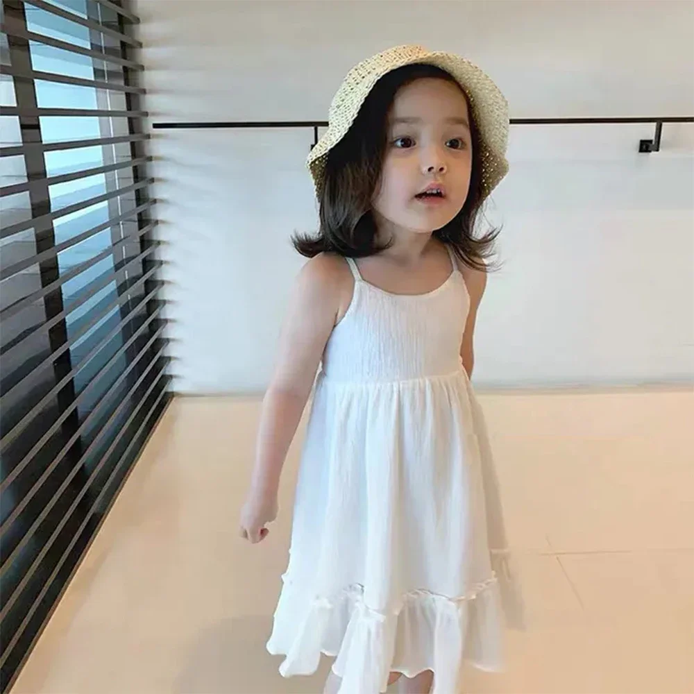 Bear Leader 2023 New Girls Clothing Summer Seaside Holiday Style Children\'s Dress Baby Foreign Style Open Back White Sling Skirt