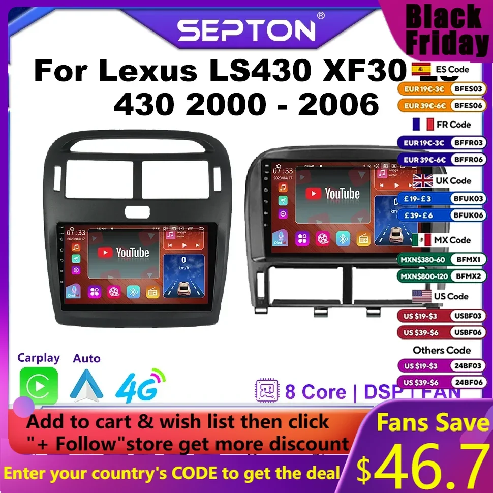 SEPTON Smart Car Systems Car Stereo Multimedia Radio for Lexus LS430 XF30 LS 430 2000 - 2006 Carplay GPS Car Intelligent Systems