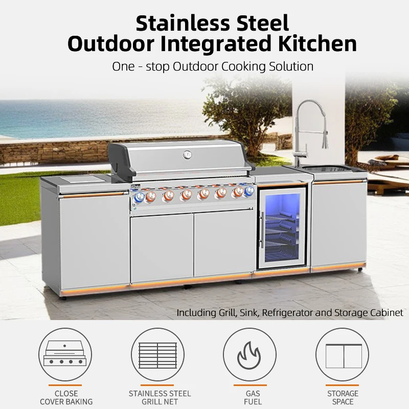 Integrated BBQ Gas Grill Station 8 Burner Propan Commercial Barbecue Grill Outdoor Kitchen Modular Cabinet