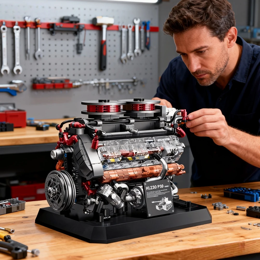 

1236+/PCS building block set, car/tank engine model, high-difficulty mechanical assembly building block ornament