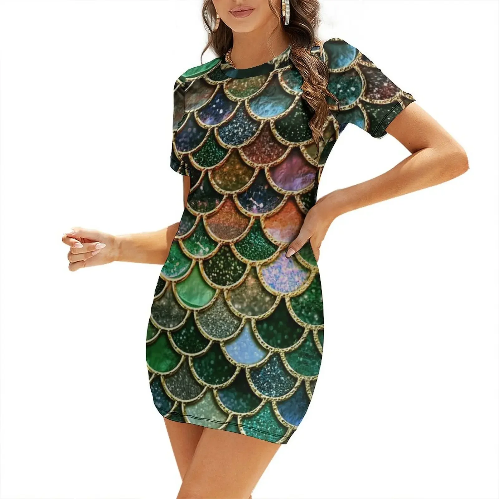 

Green Sparkle Faux Glitter Mermaid Scales Short-Sleeved Dress clothes women long dresses Womens dresses Dress women Dress