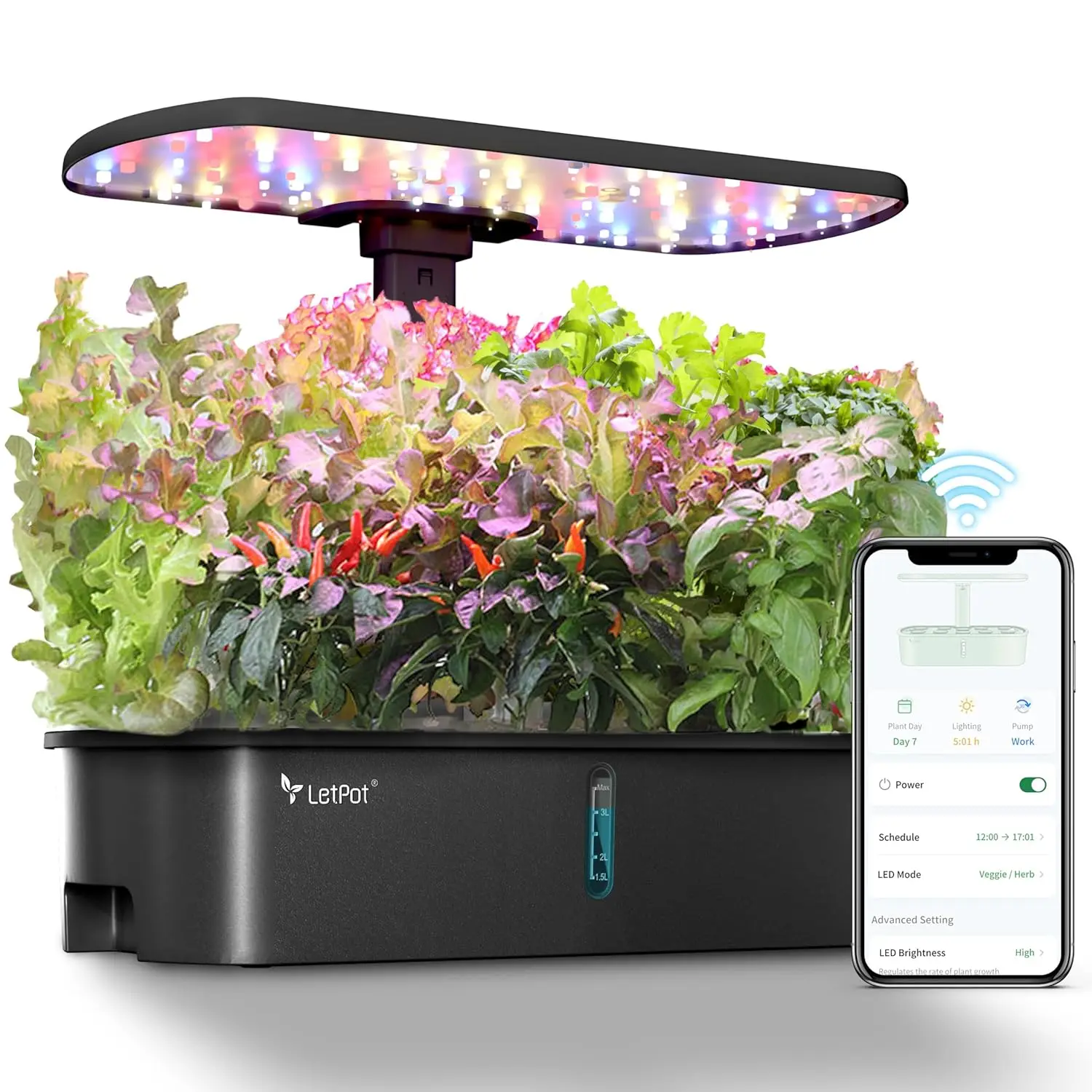 

LPH-Air Smart Hydroponics Kit, WiFi App-Controlled Indoor Garden with 24W Full Spectrum Light, 10-Pod Planter, Black