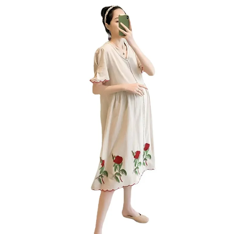 

Maternity Flower Embroidery Cotton Linen Long Dress 2022 Summer Casual Loose Clothes for Pregnant Women Vintage Pregnancy