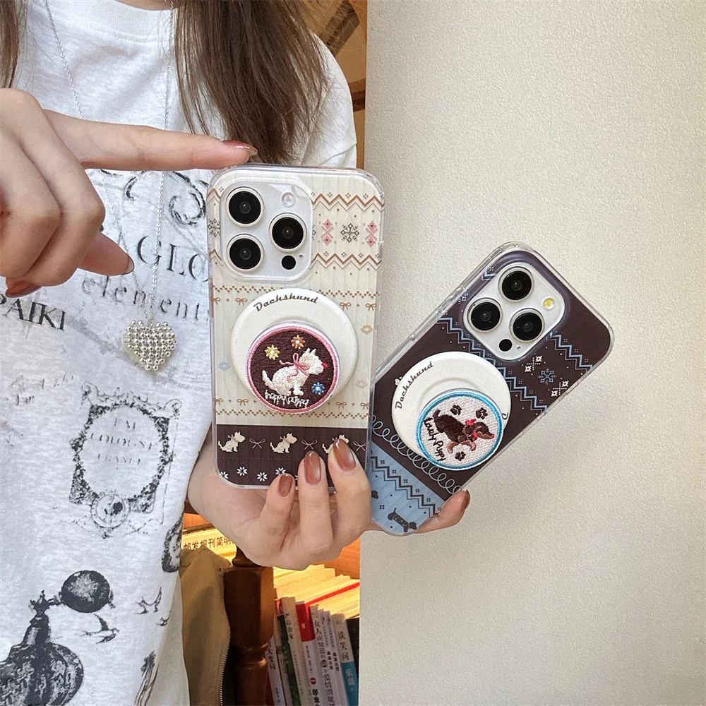 

Korean INS Fashion Embroidey Puppy For Magsafe Magnetic Holder Phone Case for iPhone 13 14 15 16 17 Pro Max Cute Protective Cove