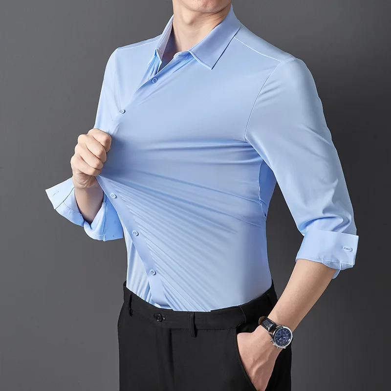 High Elastic Seamless Shirts Men Long Sleeve Muscle Sports Shirt European Size No Ironing Business Professional Workwear Causal