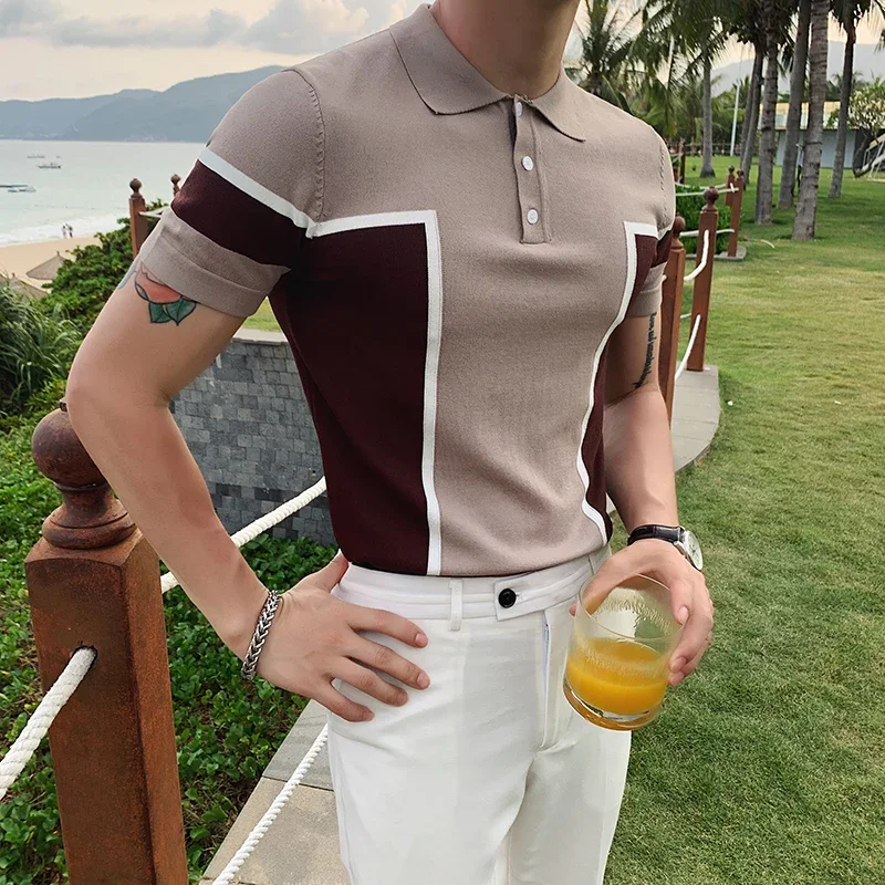 

Holiday Daily Summer Style Men's Casual Short-sleeved Knitted POLO Shirt Light Ripe Wind Contrast Color England Slim Lapel Top