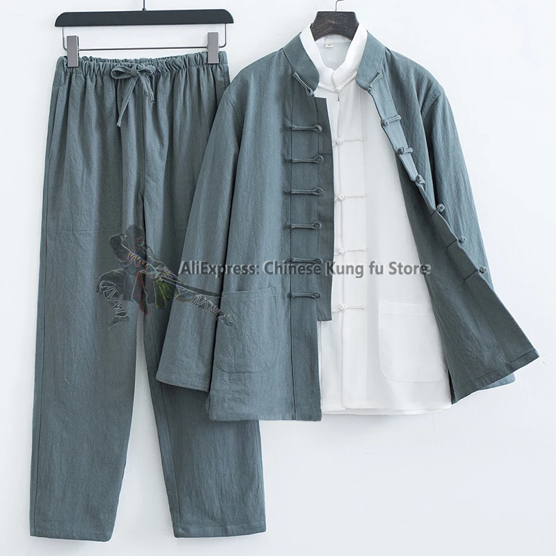 3 pezzi in cotone e lino Kung fu Wing Chun Suit Tai Chi Uniforme Arti marziali Wushu Giacca e pantaloni Abiti Tang