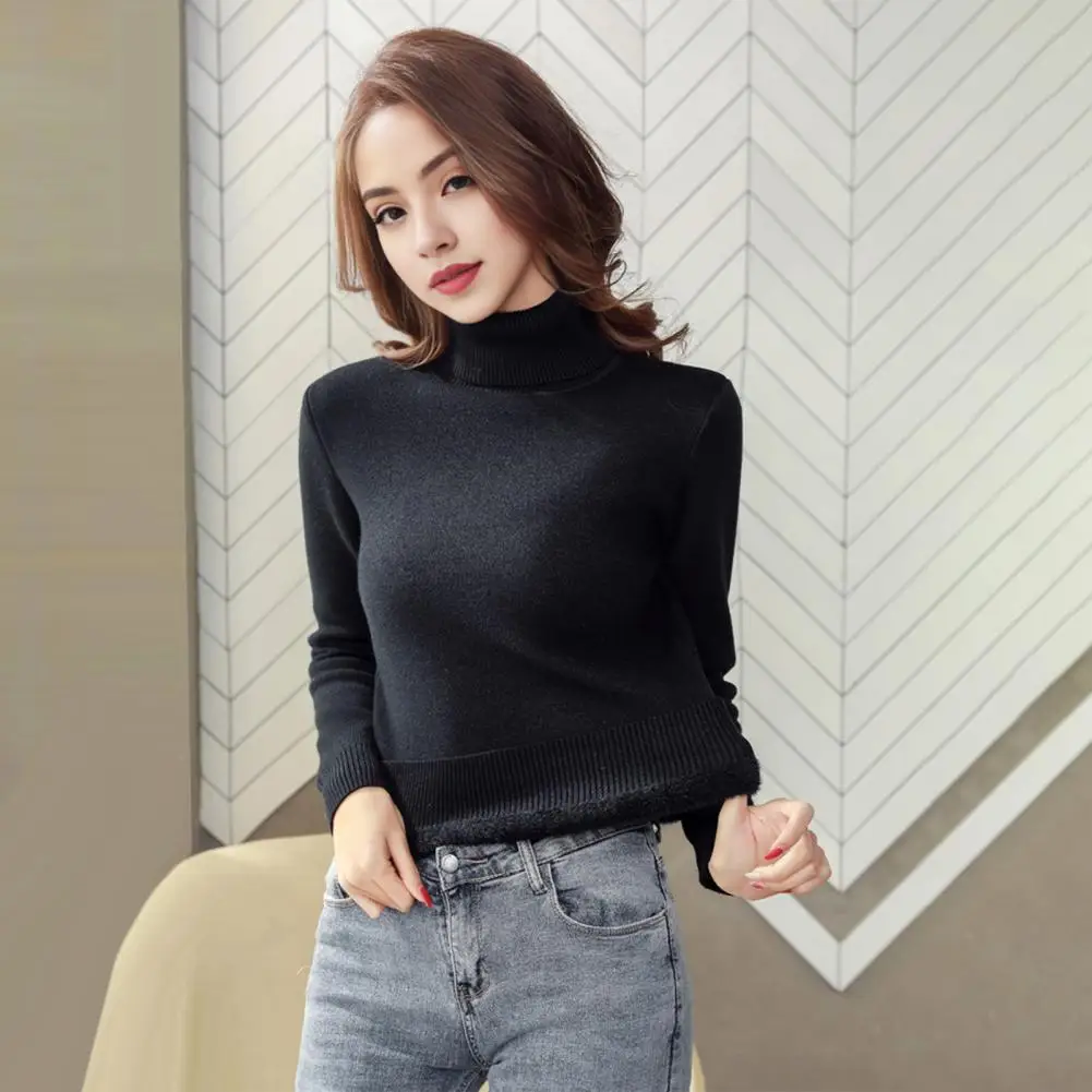 Women Season Sweater Cozy Fleece-lined Knitwear for Women High Collar Pullover Tops Slim Fit Knitting Tops Thickened for Wear