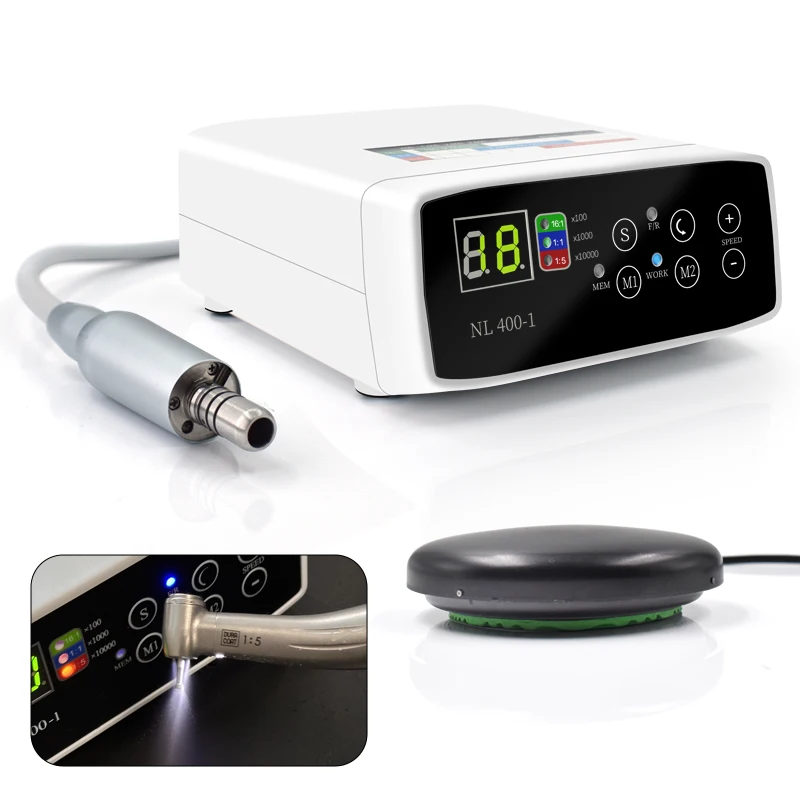 Fußpedalsteuerung LED-Glasfaser-Mikromotor Höhle Tal Bürstenloser Elektromotor für 1:5/1:1/16:1 Gegenwinkel Höhlen-Tal-Motor