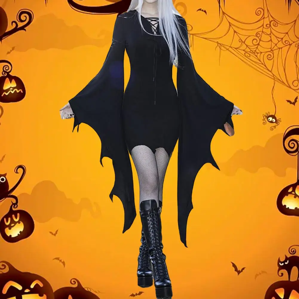 Halloween vestido manga longa batwing manga, cor sólida, punho irregular, lace-up, bainha, slim fit, traje de festa halloween