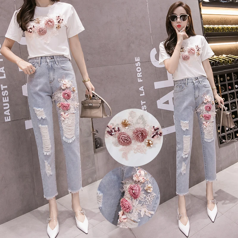 Ladies Flower Embroidery Casual Ripped Jeans for Women Clothing Girls Fashion High Waisted Denim Pants Female Clothes PAX1025