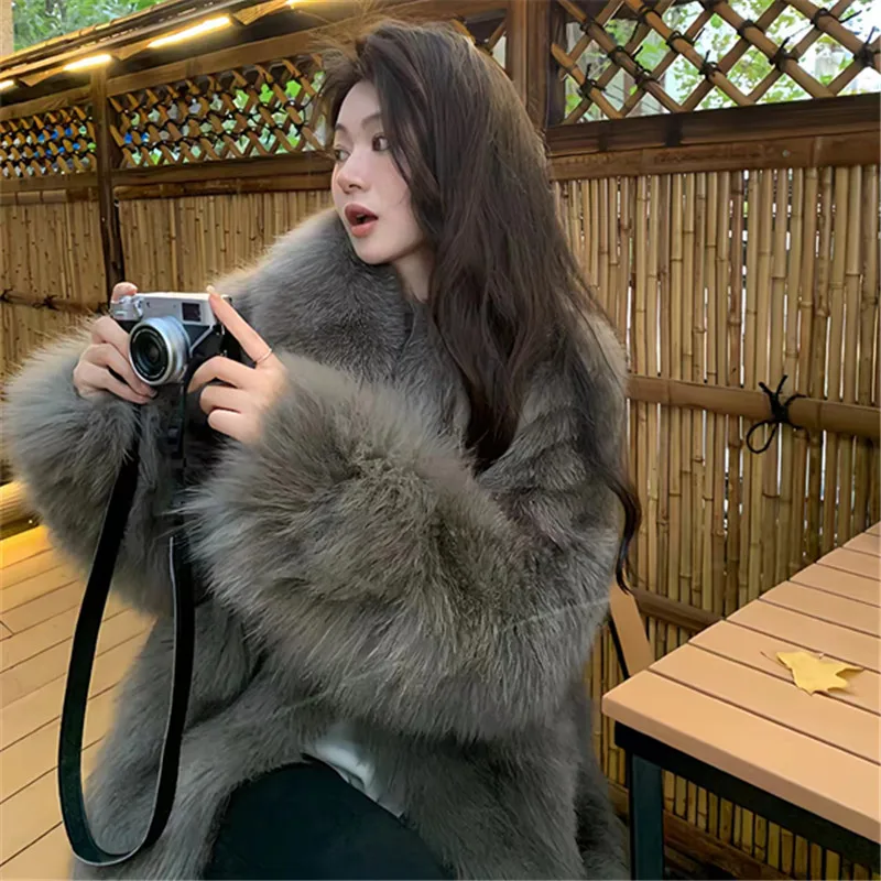 Faux Fox Fur Coat for Women, Covered Button, Long Jacket,O-Neck,Thick Warm Clothes,Batwing Sleeve, High Quality, Autumn Winter