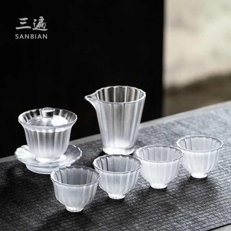 

★★Linghua Glass Tea Set Gift Tea Ceremony Kung Fu Teacup Home Japanese Glass Tea Making Gaiwan