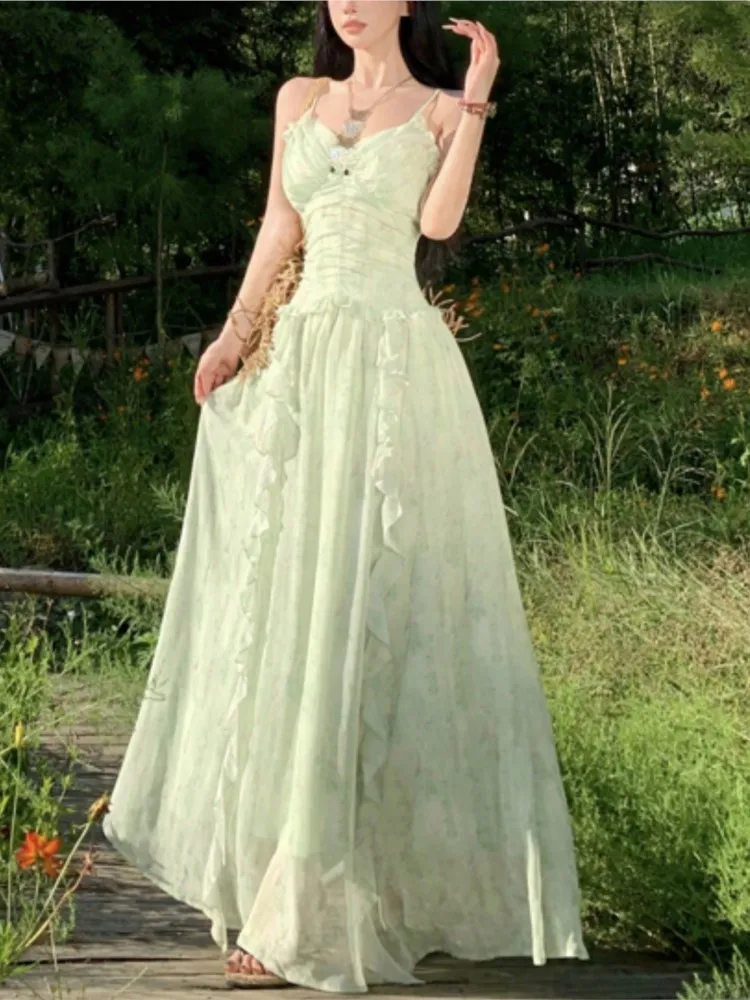 Dolce verde cinturino per spaghetti abiti da donna elegante senza maniche volant piega fata vestito da partito estate prato cortile abiti nuovo