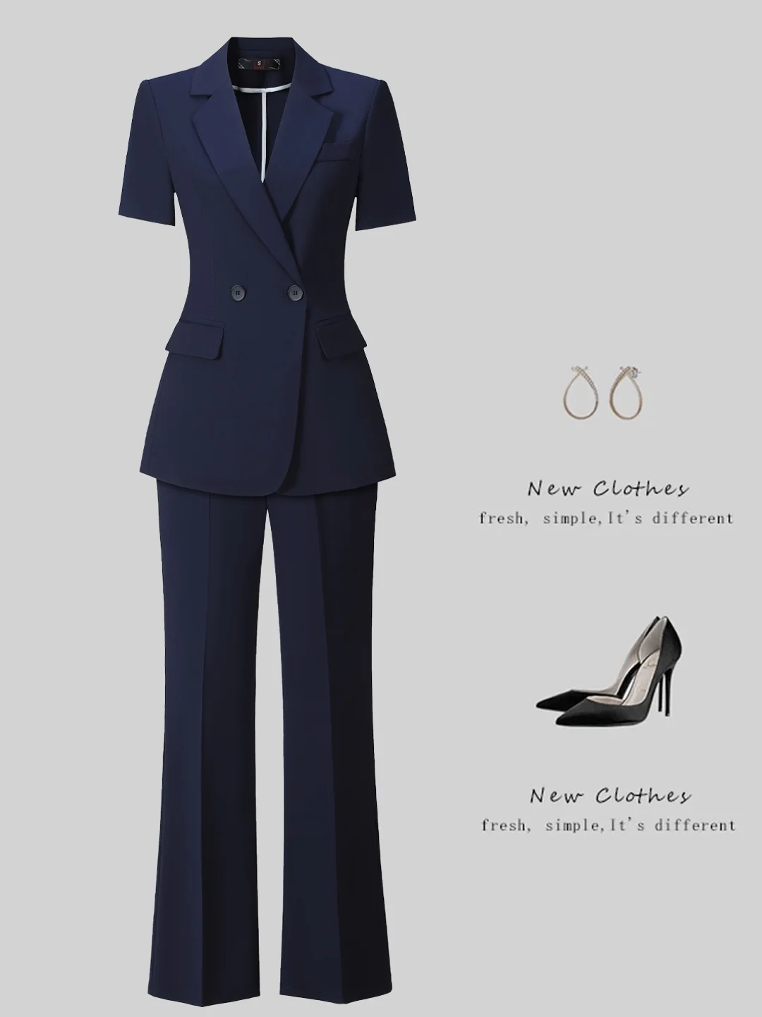 Cobalt Blue Short Sleeve Suit Set Women's Summer New Interview Workwear Formal Small Stature Western Style Polyester Fiber