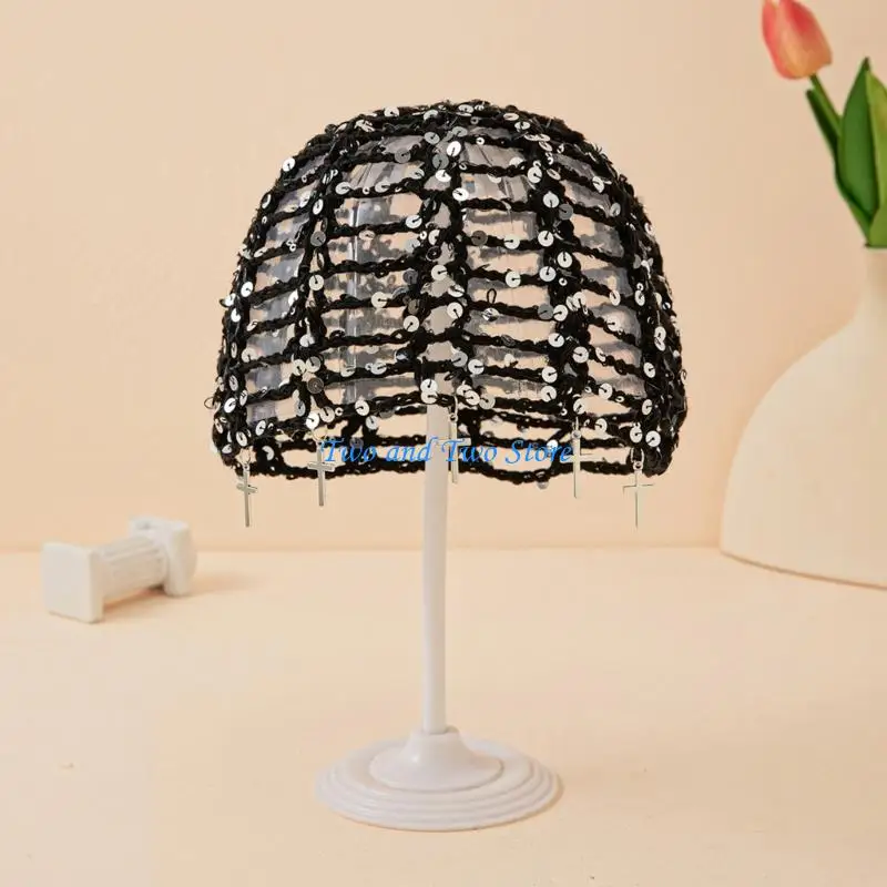 HX6F Hand-Crocheted Brimless Cap For Women Girl with Open Mesh Texture and Crossed Charm Detail, Travel Headwear Skull Hat for