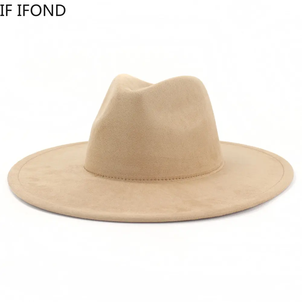 New 9.5cm Wide Brim Suede Fedora Hat For Women Soft Shaped Men Panama Jazz Hat Fashion Pink Wedding Decoration Dress Cap