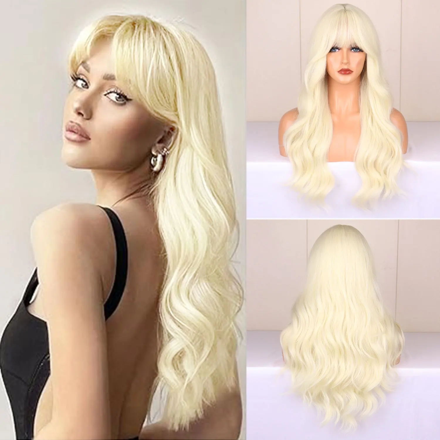 Light golden synthetic wig with big waves for Halloween party, cosplay wig, everyday wig, high-temperature hair silk wig set