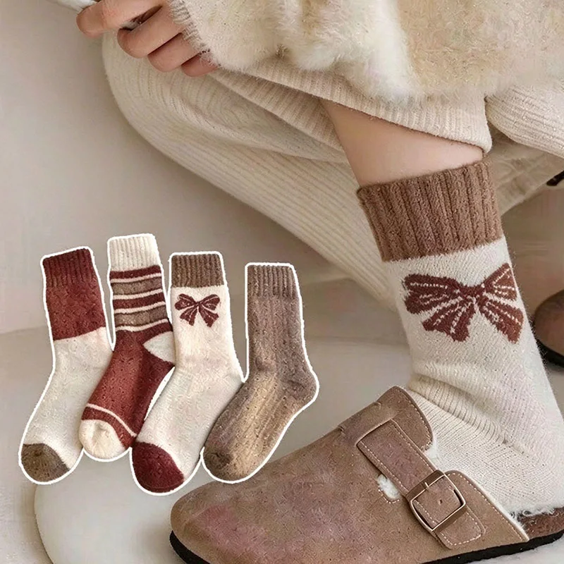4 Pairs Women's Korean Style Crew Socks Bow Embroidery Stripe Color Block Cotton Mid Calf Socks Soft Warm Casual Socks for A/W