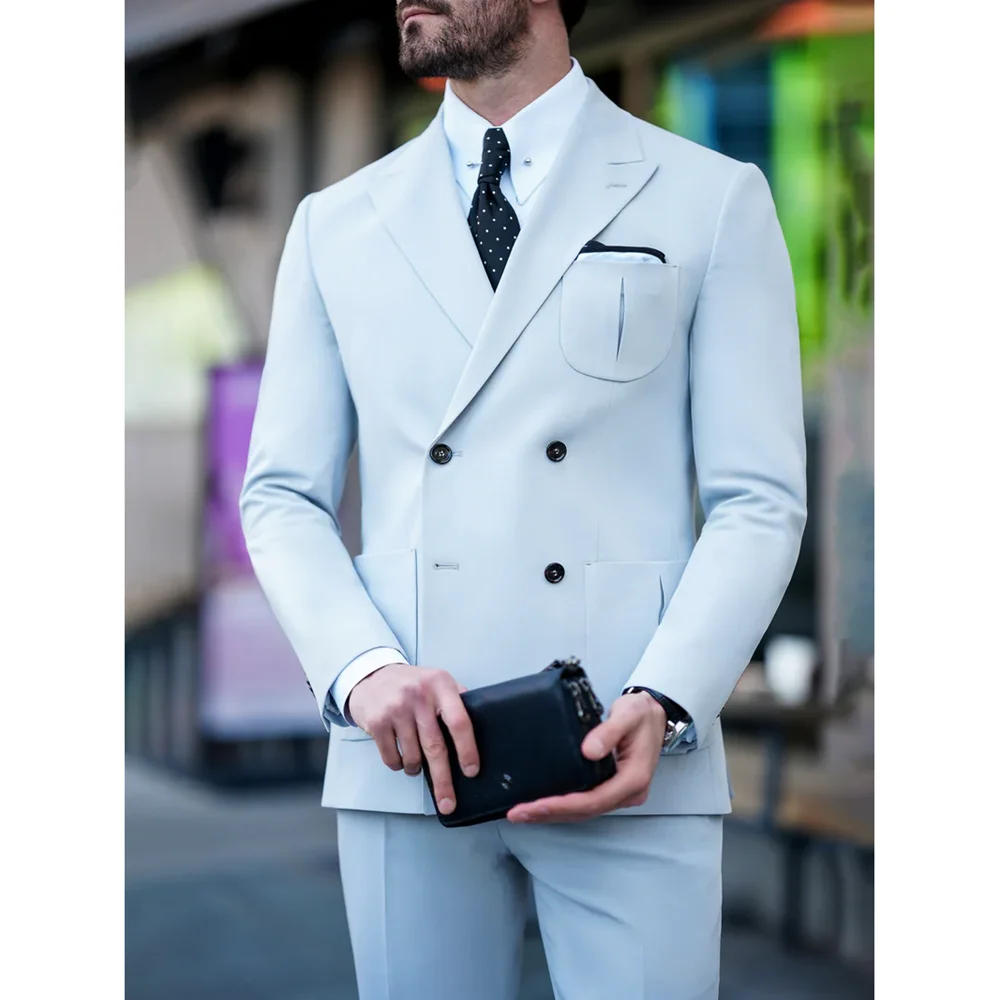 High-end 3 Pockets Men Suits 2 Piece Fashion Business Casual Slim Men Clothing Double Breasted Peak Lapel Wedding Tuxedo