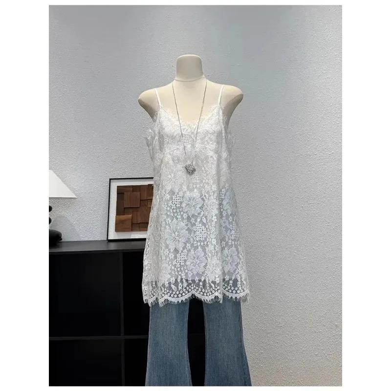 Pure Desire Spring Summer White Lace Camisole Dress Women Loose Layering Inner Outfit S-4XL