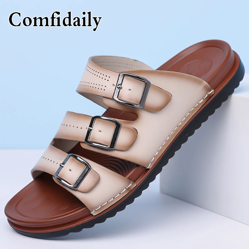 

Brand Men Comfortable Anti Slip Slippers Beach Shoes Hand Sewn Fashionable Summer Breathable Outdoor Soft Soled Leather Sandals