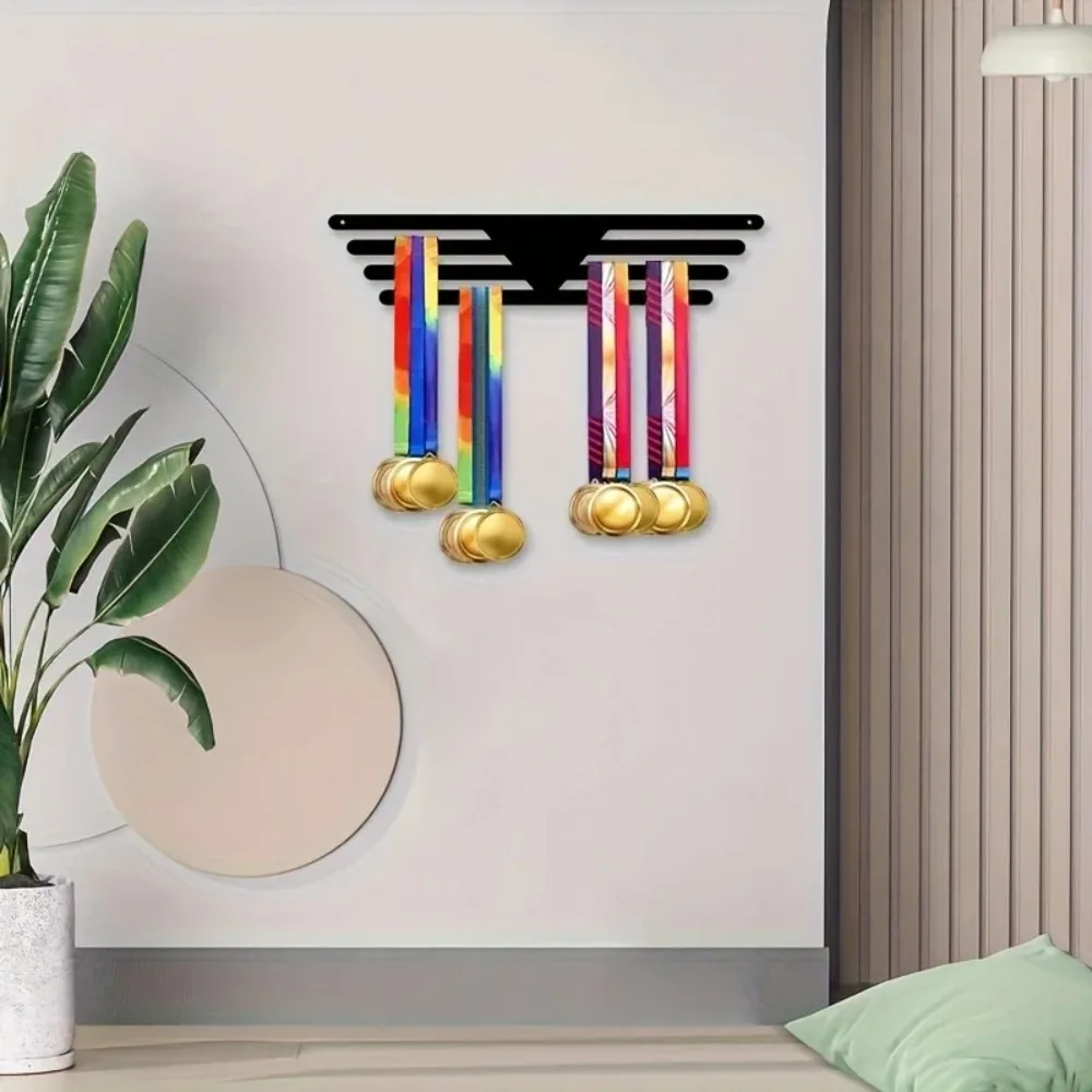 1pc 2D Flat Black Metal Medal Display Rack Multi Compartments for Ribbons Decorations Wall Mounted image 2