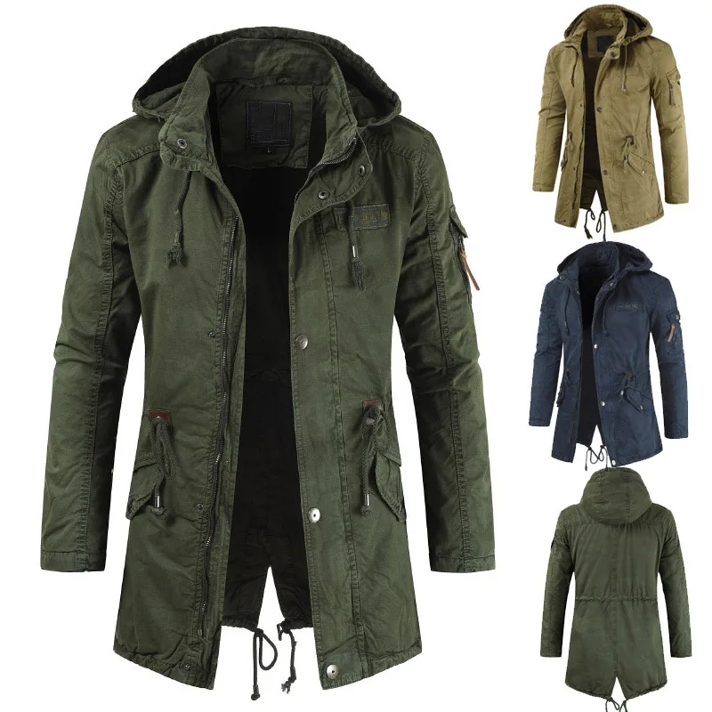 New Mens Jackets Hooded Trench Outerwear Casual Solid Outdoor Coat Military Windbreaker Fashion Windproof Jacket Mens Clothing