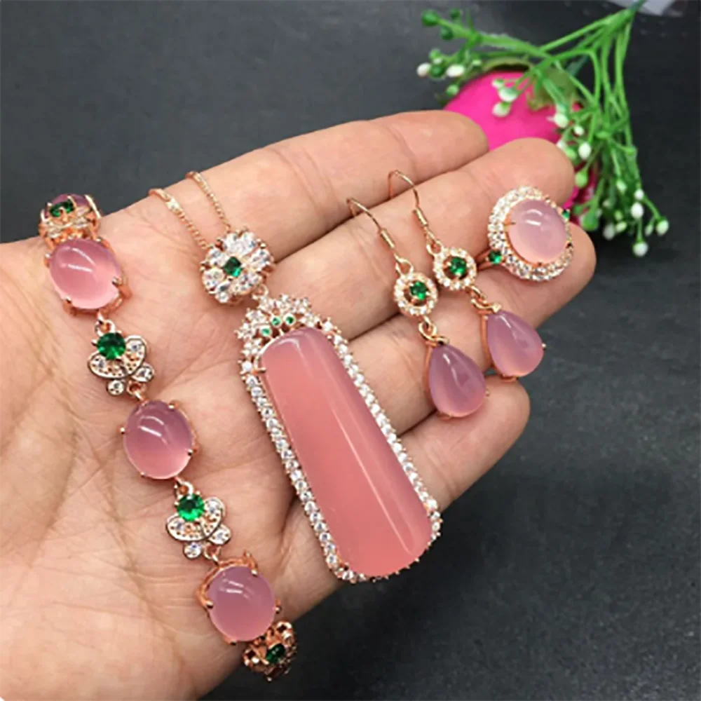 

Pink Jade Jewelry Set Women Fine Jewelry Natural Jades Pendant With Zircon Emerald Necklace Ring Earrings Butterfly Bracelets