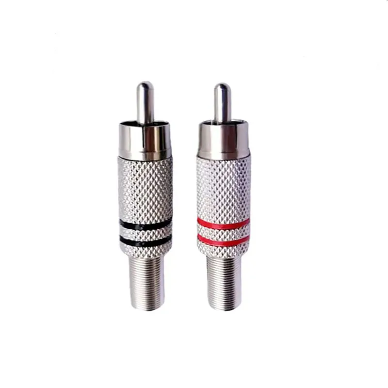 Metal RCA Lotus Male Welding  Head Nickel-plated Audio AV Monitor Connector With Metal Spring Cable Protector Red Black D4