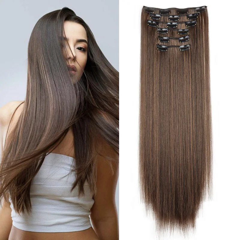 

6Pieces/Set Synthetic 24Inch Long Straight Hair Extension Silky Hairpiece for Women