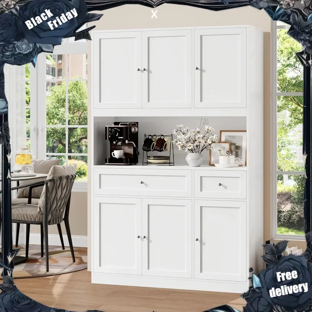 

72" Kitchen Pantry Cabinet, Kitchen Hutch with Microwave Stand, Buffet Cabinet with Hutch for Kitchen Dining Room, White