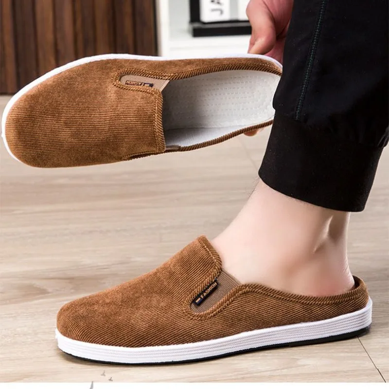 Summer Breathable Beijing Cloth Half Shoes Slip on Backless Clogs Corduroy Non Skid Indoor Outdoor Comfort Loafers