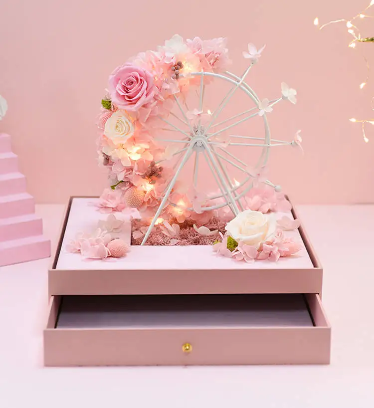 Mother's Day Gift Everlasting Big Sky Wheel With Music Ferris Wheel Led Lights Preserved Flowers In Clear Acrylic Box