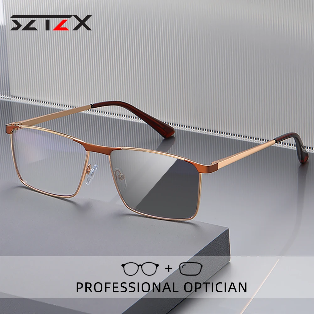 SZTZX Men's Business Photochromic Reading Glasses Anti Blue Light Ultra-Light Square Myopia Prescription Optical Eyeglass Frame